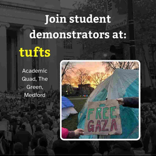 Join student demonstrators at: Tufts
Academic Quad, The Green, Medford


image of a tent on a green screen in front of which hands are holding a sign that says "FREE GAZA"