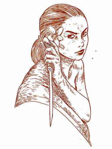 Illustration. Southeast Asian Female in traditional Southeast Asian Garb. Holding dagger. 