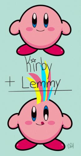 Top: Digital drawing of Kirby, ready & excited to play! 
Middle:  Text reads "Kirby + Lemmy ="
Bottom: Digital drawing of Kirby, having eaten & assimilated Lemmy from the Koopa Kids.