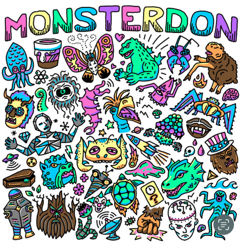 A design all in thin black lines, like doodles you might make on a notepad with a ballpoint pen, of many monsters and villains and objects from the Monsterdon movies. These have been colored in a "vaporwave" palette, bright pastel colors, like soft neon. Some creatures are the colors in the movie, some are made up because the movie was black and white.

There are specific creatures from one movie, like the Tingler, ones from movie series, like Godzilla (who is next to Mothra with hearts between them, as the king and queen of Monsterdon), and some little things that pop up in the movies a lot, like coffins and brains and UFOs

All the doodles are in a square with Monsterdon written across the top in rainbow letters, and all the little spaces between drawings are filled with action lines, stars, skulls, eyeballs, etc