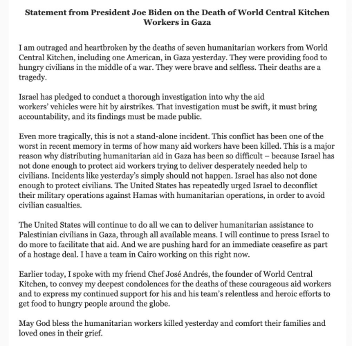 Statement from President Joe Biden on the Death of World Central Kitchen Workers in Gaza