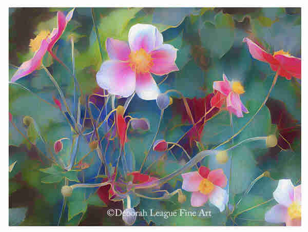 Impressionistic Grape Leaf Anemone mixed media painting. A wildflower, the plant derives its name from Greek and means "windflower" due to the fact that the delicate blooms are blown open by the wind.
