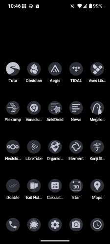 Screenshot of a Graphene OS Pixel 7a home screen in a black and white material theme with some rows of app icons. 