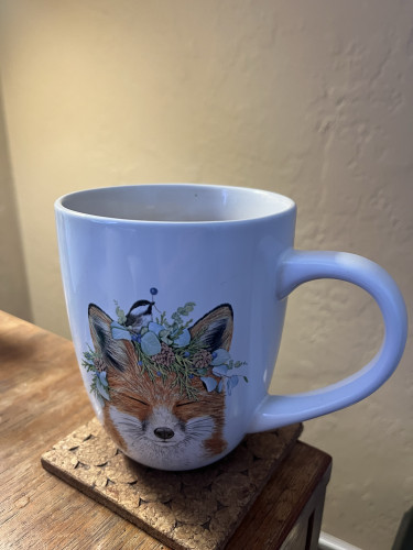White mug with an illustration of a fox decorated with plants and a bird sitting on its head. The mug is on a square cork coaster, on a stained wooden desk against a wall the color of coffee with cream.