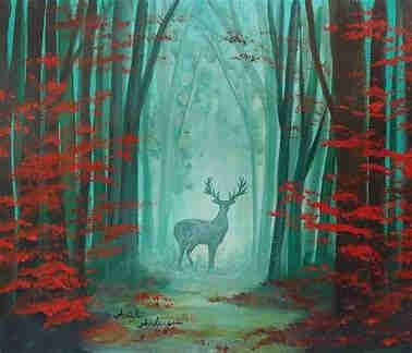 Rather dreamy painting of a setting in a forest with the greyish blue shape of a deer in the background. In the foreground is a greyisch green path with tall trees with greyish blue trunks and red foliage on their trunks.  