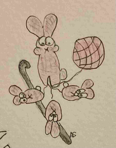 Hand-drawn sketch of 4 cartoon rabbits with one larger rabbit standing and the other lying in front of him. They all don’t look happy and are connected by strings at the bellybutton. A ball of wool and a crotchet hook are also in the picture.