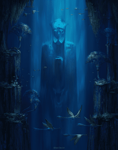 Digital painting of statue behind a wall of water, surrounded by teeming life.