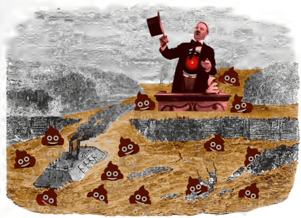 A 19th century illustration of the breaking of Bailey's Dam on the Red River, showing a steamship being washed over a gush of water. It has been altered. Looming over the high side of the water is a picture of WC Fields as a hat waving, open-mouthed carny barker. Fields's stomach has been replaced with the glaring red eye of HAL 9000 from Stanley Kubrick's '2001: A Space Odyssey.' Bobbing in the waters are multiple poop emojis. The water has been tinted poop-brown.

Image:
Cryteria (modified)
https://commons.wikimedia.org/wiki/File:HAL9000.svg

CC BY 3.0
https://creativecommons.org/licenses/by/3.0/deed.en
