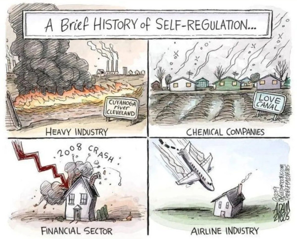 A cartoon titled "A Brief History of Self-Regulation..." with four panels. 
1 - "Heavy Industry" shows a sign with "Cuyahoga River Cleveland" in front of a river on fire with black smoke in front of a shore with industrial buildings with active smokestacks between homes.
2 - "Chemical Companies" shows a sign with "Love Canal" on a dug up field filled with buried chemical waste next to homes while it is snowing. 
3 - "Financial Sector" shows a red downward zigzag line (as if from a stock market graph) crashing into and destroying a home labeled "2008 Crash".
4 - "Airline Industry" shows an airplane falling out of the sky and barreling towards a single home with an active chimney. 

Adam Zybus
2019
Caglecartoons.com
The Buffalo News