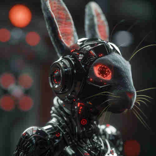 A close-up of a highly detailed robotic rabbit. The rabbit’s head and upper body are visible, composed of intricate mechanical parts with a sleek black finish. Its eye glows with a bright red light, giving the impression of an active and perhaps sentient being. The inner parts of the rabbit’s ears show realistic textures resembling organic tissue, in stark contrast to the mechanical nature of its body, suggesting a fusion of biological and technological elements.

Fine whiskers protrude from the muzzle, adding a touch of lifelike detail to the otherwise mechanical creature. The background is blurred with soft red lights, which could imply a technological or industrial setting. This cyborg rabbit presents a striking juxtaposition of the natural and the artificial, blending the familiar aspects of a living animal with the cold precision of robotics.