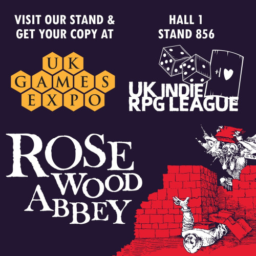 Promotional visual for Rosewood Abbey at UK Games Expo 2024. Come get your copy at stand 856 Hall 1. 