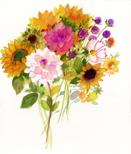 This bouquet features yellow sunflowers, pink and white dahlias, and other flowers in a loose painted style against a white background, with added line work.