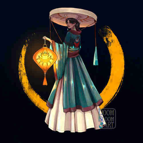 Character with large straw hat and teal Vietnamese inspired garments, holding paper lantern. There's a symbol of a sun and eye on her hat, the lantern and the back of her dress. Gold circle on black paper texture in the background 