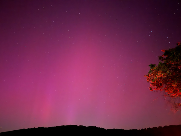 A view of the northern sky at midnight near the summit of Mount Hamilton in San Jose. Unusually strong  solar activity has made the Aurora Borealis stretch far enough south to be visible to sensitive camera sensors. The aurora appears as ruby glow averts the sky with faint variations in color that hint at the curtain effect seen in many pictures. The glow was barley detectable to the naked eye, but did become strong enough for a few minutes that it was visible. The light is red instead of green because of the far southern latitude, or so I’ve read.