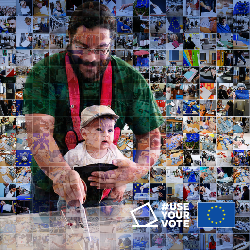 A mosaic of moments from the 2019 European election, where individuals from diverse backgrounds and ages come together to form a powerful image. The faces of voters, young and old, blend together to create a father-and-child duo, with the child's tiny hands reaching up to join the father's in casting their ballot.