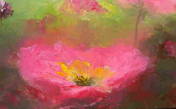 An impressionist oil painting of a bright pink poppy growing in a garden.