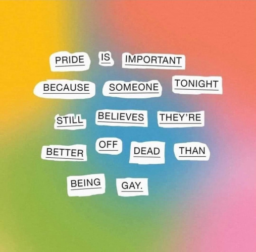 Text on a colorful background reads: "Pride is important because someone tonight still believes they’re better off dead than being gay."