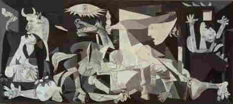 The grey, black, and white painting, on a canvas 3.49 meters (11 ft 5 in) tall and 7.76 meters (25 ft 6 in) across, portrays the suffering wrought by violence and chaos. Prominent in the composition are a gored horse, a bull, screaming women, a dead baby, a dismembered soldier, and flames. By Pablo Picasso - PICASSO, la exposición del Reina-Prado. Guernica is in the collection of Museo Reina Sofia, Madrid.Source page: http://www.picassotradicionyvanguardia.com/08R.php (archive.org), Fair use, https://en.wikipedia.org/w/index.php?curid=1683114