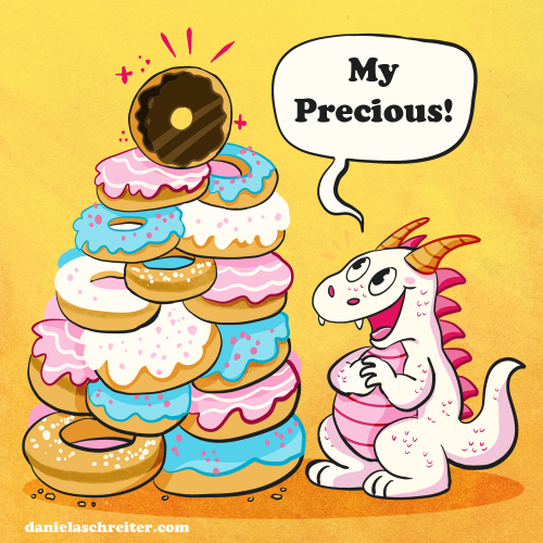 Comic Illustration: A little white and pink dragon looks at a big pile of donuts with white, blue and pink frosting and sprinkels. At the very top is a chocolate donut, the dragon looks at his special donut and says „My precious“. The background is colored in a warm yellow.