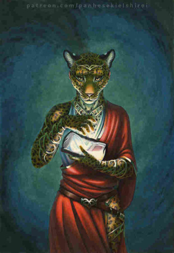 Illustration of a female anthropomorphic leopard holding a a glowing hourglass in a dimly lit environment. She looks down at the tilted hourglass which has only very little sand left in its upper part, looking somewhat sad. Her bright red toga being in contrast to the otherwise rather dark greenish colours of the rest of the piece.