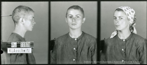 A mugshot registration photograph from Auschwitz. A woman wearing a striped uniform photographed in three positions (profile and front with a bare head and a photo with a slightly turned head with a headscarf on). The prisoner number is visible on a marking board on the left.
