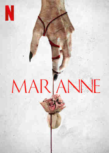 Cover art for the series, Marianne, snowing a pale habit with gnarled black pointed fingernails. There's red string wrapped around the hand, which is tied at around a small charm bag at the end. 