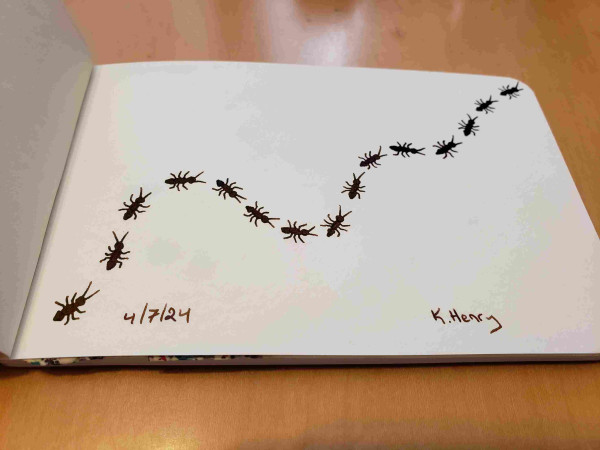 Hand drawn generative art in ink on an open page of my sketchbook. The abstract pattern has a repeating ant motif, as if they are meandering across the page.