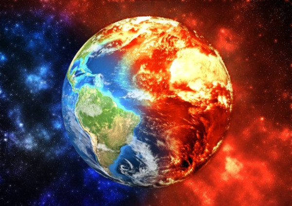 Graphic image of planet Earth, with one side showing a healthy blue and green, and the other side looking dark and red, covered by fire and smoke.