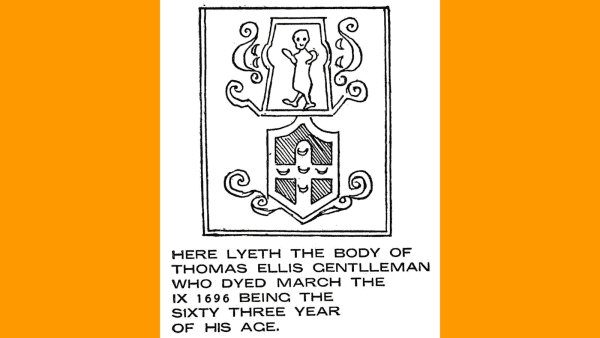 Transcript of a gravestone inscription with a crude drawing of the carving on the gravestone - a person within an ornate frame above a coat of arms.