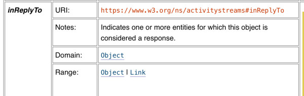 inReplyTo	URI:	https://www.w3.org/ns/activitystreams#inReplyTo

Notes:	Indicates one or more entities for which this object is considered a response.

Domain:	Object

Range:	Object | Link