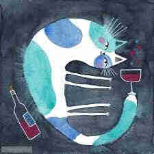 Creative painting of a white curled up cat with a lot of turquoise and blue on it, having a glass of red wine standing on its tail, and a wine bottle behind it, to a dark greyisch blue background. 