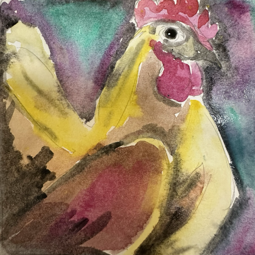 A yellow hen painted wet on wet