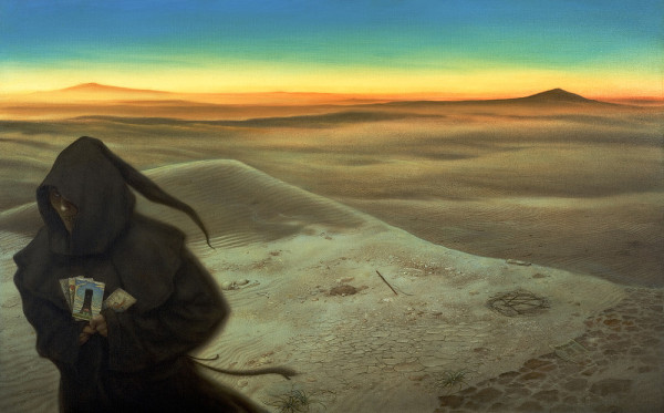 A dark robed figure holds four tarot cards—the most prominent among them is the Tower Card—as he is about to flee off panel to the left. He leaves behind him the barren desert. To the side of the path amid dry cracked earth is the KA symbol, a stylized combination of the letters K and A inside a circle.
