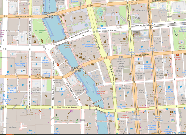 Map image of downtown Milwaukee and how the bridges have to cut across at angles to match up to roads on the opposite side.