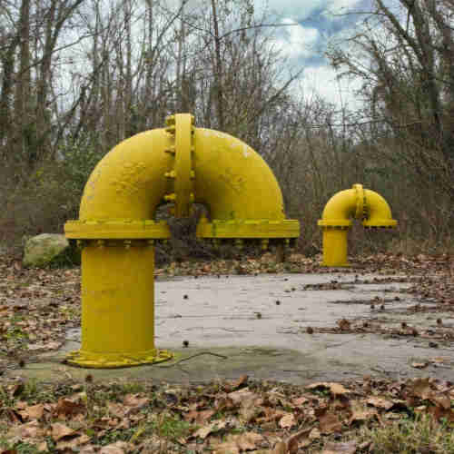An image of two industrial pipes in the woods. Both are bright yellow and both form an upside-down J. The one on the left is in the foreground while the one on the right is in perfect alignment in the background. 