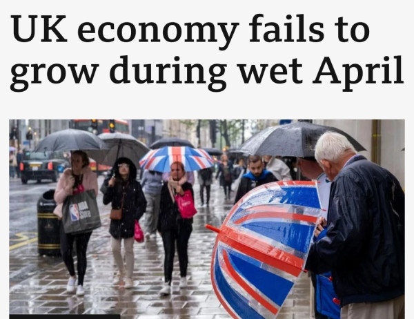 UK economy fails to grow during wet April

Imagine of people in the rain with brollies, some of which are Union Jack flavoured. 