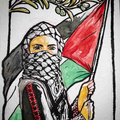 Ink and watercolour drawing of a woman with a keffiyeh covering her face and holding a Palestine flag. Close up of the drawing showing just her face and the flag in the background. Contemporary comic art nouveau style