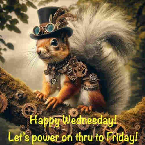 Picture a steampunk red squirrel sitting on a branch, looking at us with an expectant look in his eyes.
Caption reads: “Happy Wednesday! Let’s power on thru to Friday !”

AI generated with help from @PixysJourney@beige.party