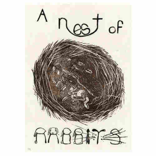 My 11” x 14” linocut reads “A nest of RABBITS” in black ink with a brown nest filled with sleeping bunnies in the middle. The typography I designed so the words represents their meaning; "nest" mimics the shape of a bird's nest with egg-like 'e' and 's'; the word "rabbits" is made of rabbit-shaped letters and a nose-and-whisker 'T'.
