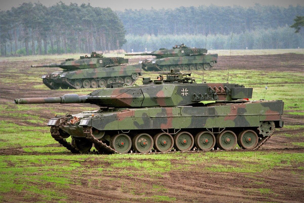 German tank Leopard 2A5 with iron cross marking on the turret side.