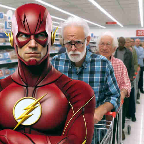 An AI generated photo showing the superhero Flash who waits impatiently in a line, behind some old persons, for the checkout in a supermarket. He looks annoyed and frustrated.