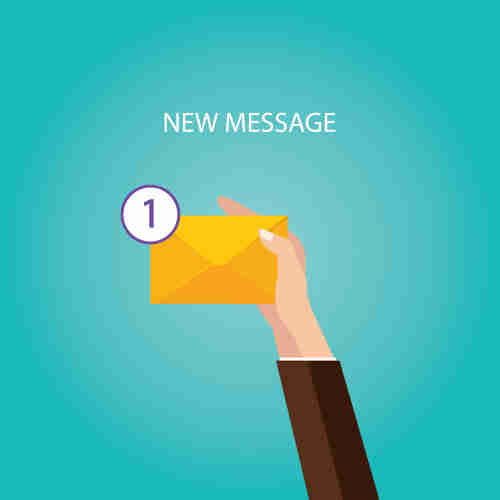An illustration of a hand holding up a yellow envelope which has a small bubble icon containing the number one. Above the envelope: the phrase New Message.
