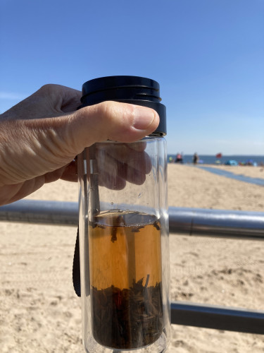 Seen against a beach with the ocean in the distance, a hand holding a jar containing reddish liquid and brown leaves 