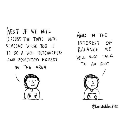 2 panel comic, show host type says:

Next up we will discuss the topic with someone whose job is to be a well researched and respected expert in the area.

And in the interest of balance we will also talk to an idiot.