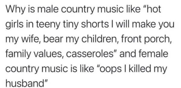 Why is male country music like "hot girls in teeny tiny shorts I will make you my wife, bear my children, front porch, family values, casseroles" and female country music is like “oops I killed my husband"