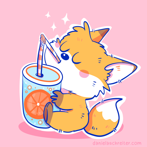 Comic Illustration: A little fox is drinking orange juice from a beverage can with a straw.