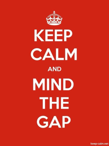 Red background with the text "KEEP CALM AND MIND THE GAP" in white, topped with a crown icon.