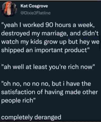 Kat Cosgrove

"yeah I worked 90 hours a week, destroyed my marriage, and didn't watch my kids grow up but hey we shipped an important product"

"ah well at least you're rich now"

"oh no, no no no, but i have the satisfaction of having made other people rich"

completely deranged
