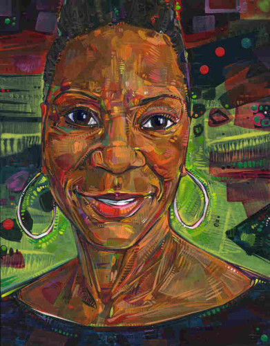 portrait of a black woman painted in acrylic on panel with dynamic brush strokes 