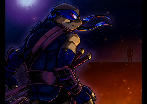 An illustration of Leonardo from TMNT standing on a dark empty plane. There are stars and a moon in the sky and he is looking off concernedly at a dark figure in the distance. There is something burning next to him and the light illuminates his figure with orange light.